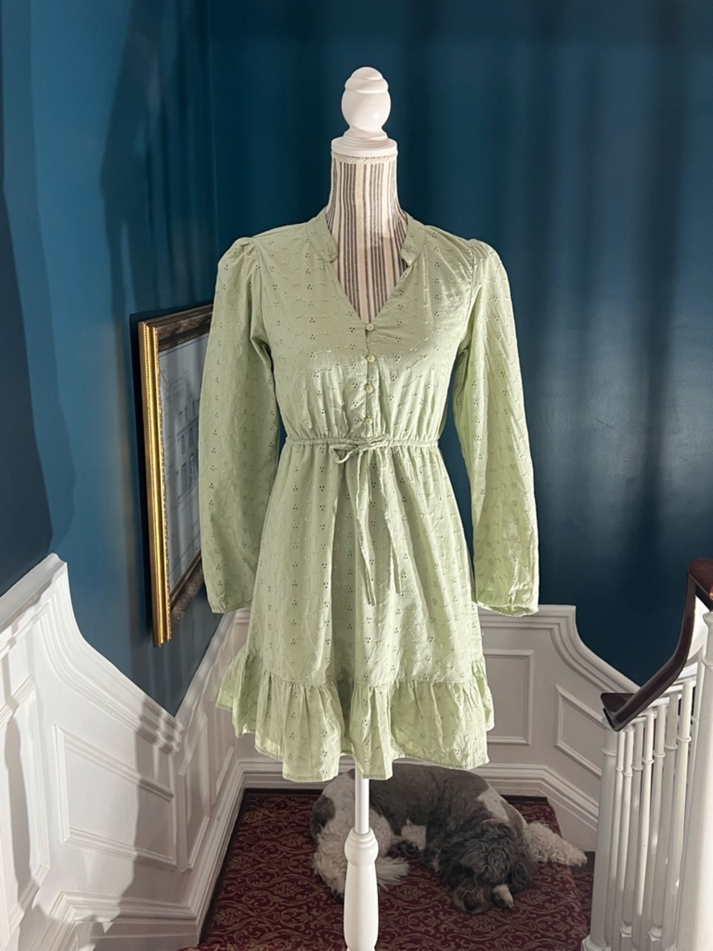 Light Green Tie-Waist Eyelet Mini Dress Jessica Simpson XS lined D418